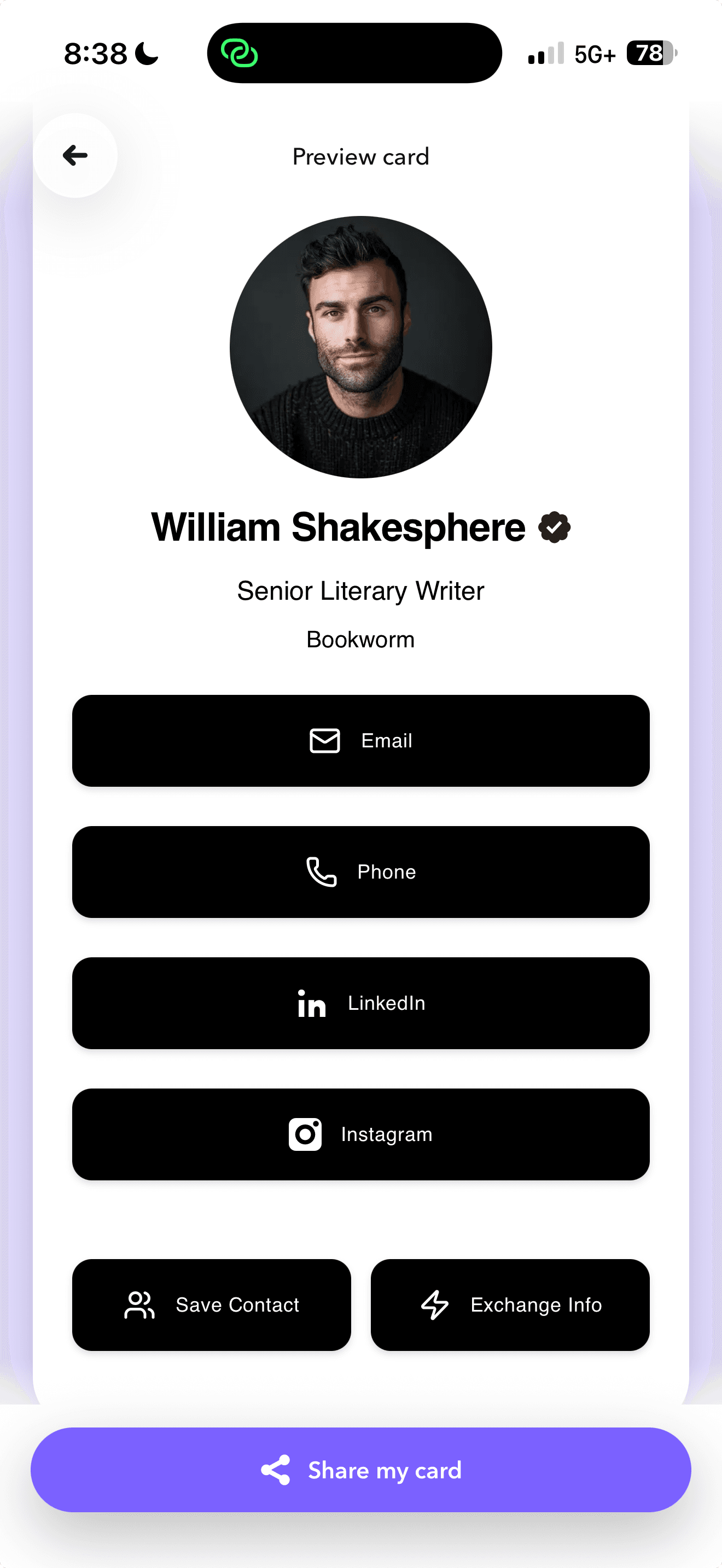 Mobile app preview of a digital card